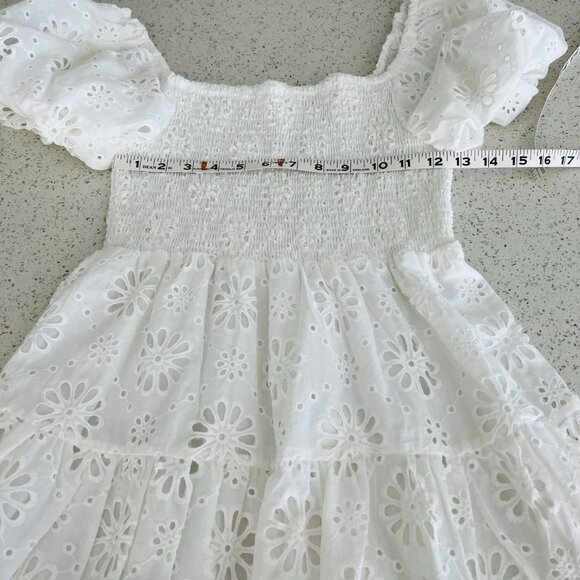 Women White Embroidery Hollow Out Hole Flower Short Puff Sleeve Mini Dress - Picture 16 of 16